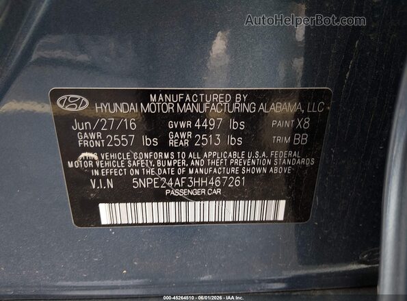 5NPE24AF3HH467261 2017 HYUNDAI SONATA Blue 