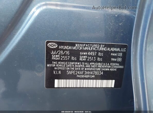 5NPE24AF3HH478034 2017 HYUNDAI SONATA Blue Vista del compartimento del motor