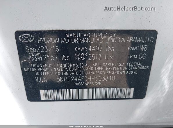 5NPE24AF3HH503840 2017 HYUNDAI SONATA White ძრავის განყოფილების ხედი