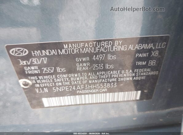 5NPE24AF3HH553833 2017 HYUNDAI SONATA Синий Вид подкапотного пространства