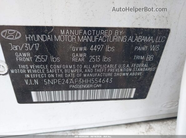 5NPE24AF3HH554643 2017 HYUNDAI SONATA White 