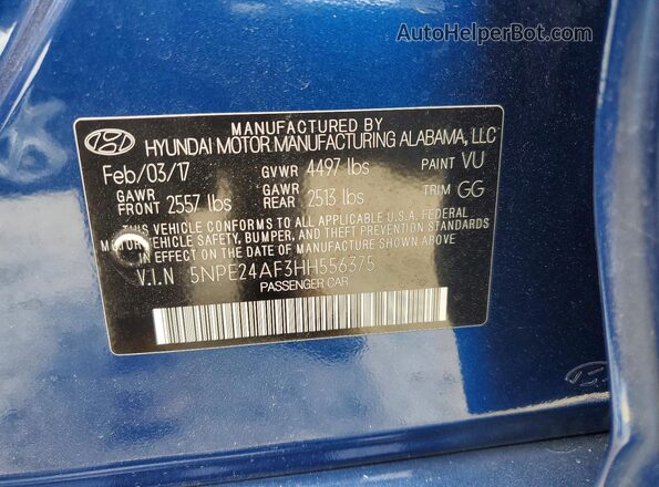 5NPE24AF3HH556375 2017 HYUNDAI SONATA Blue Շարժիչի բաժամունքի տեսք