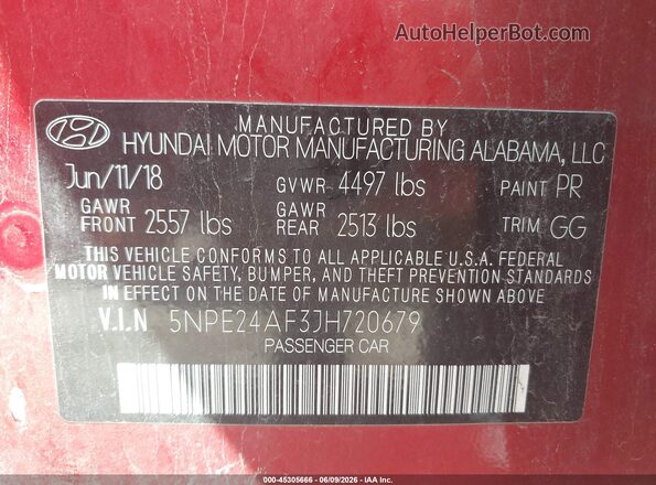 5NPE24AF3JH720679 2018 HYUNDAI SONATA Red Widok komory silnika