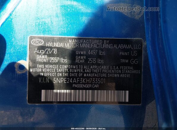 5NPE24AF3KH733501 2019 HYUNDAI SONATA Синий Вид подкапотного пространства