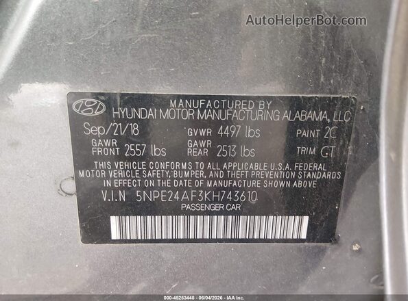 5NPE24AF3KH743610 2019 HYUNDAI SONATA Gray Շարժիչի բաժամունքի տեսք