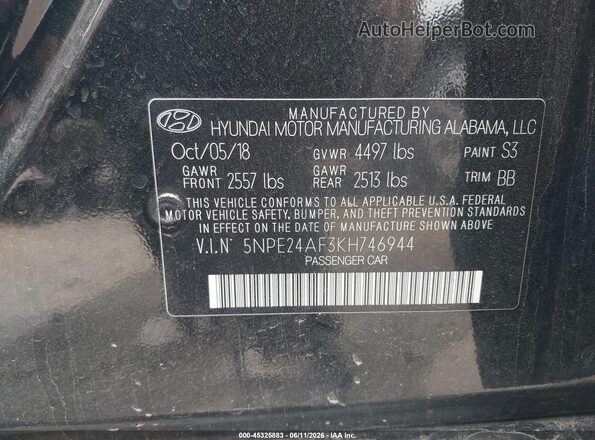 5NPE24AF3KH746944 2019 HYUNDAI SONATA Черный Вид подкапотного пространства