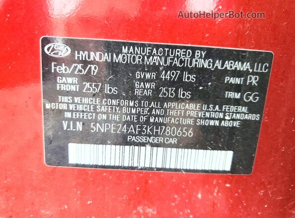 5NPE24AF3KH780656 2019 HYUNDAI SONATA Red Engine compartment view