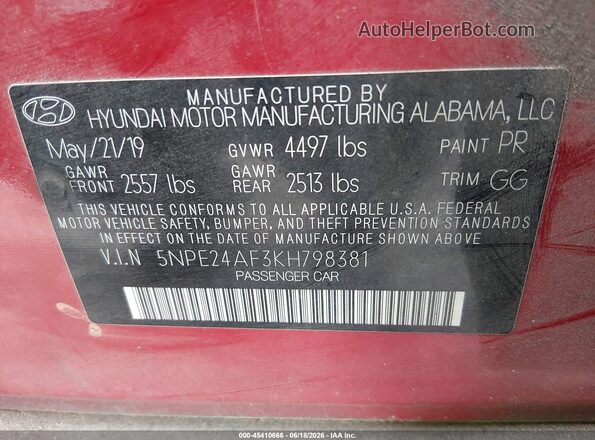 5NPE24AF3KH798381 2019 HYUNDAI SONATA Red Vista del compartimento del motor