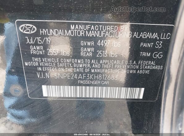5NPE24AF3KH812683 2019 HYUNDAI SONATA Black ძრავის განყოფილების ხედი