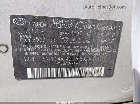 5NPE24AF4GH268329 2016 HYUNDAI SONATA Silver ძრავის განყოფილების ხედი
