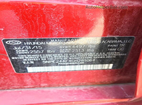 5NPE24AF4GH281064 2016 HYUNDAI SONATA Burgundy 
