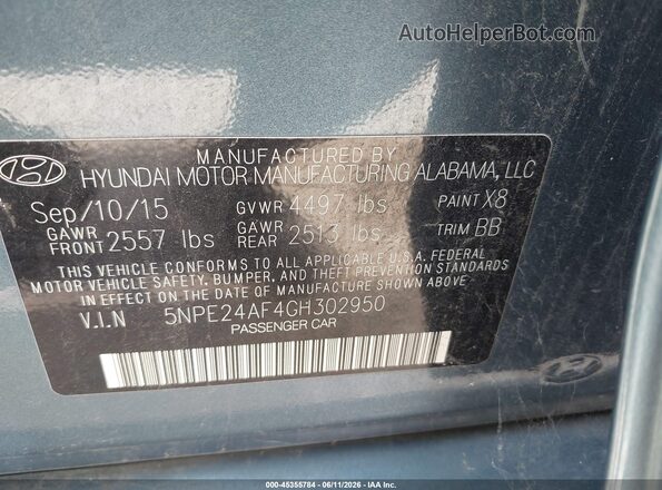 5NPE24AF4GH302950 2016 HYUNDAI SONATA Blue ძრავის განყოფილების ხედი