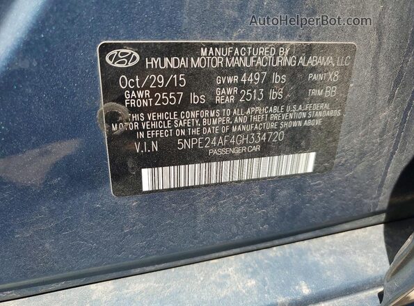 5NPE24AF4GH334720 2016 HYUNDAI SONATA Blue Vista del compartimento del motor