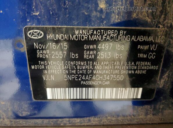 5NPE24AF4GH347550 2016 HYUNDAI SONATA Blue ძრავის განყოფილების ხედი