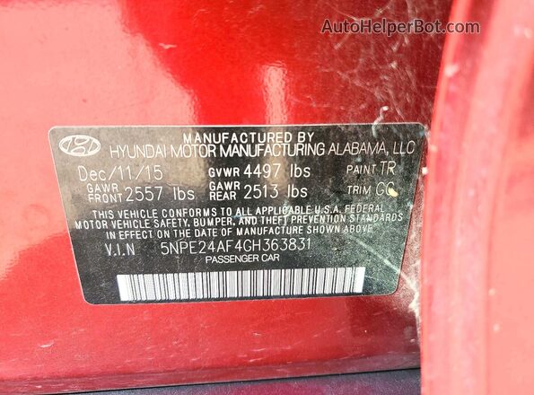 5NPE24AF4GH363831 2016 HYUNDAI SONATA Burgundy VIN կոդի պիտակի տեսք