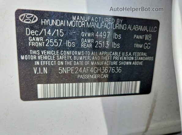 5NPE24AF4GH367636 2016 HYUNDAI SONATA Белый Вид подкапотного пространства