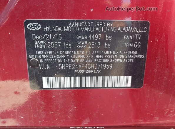 5NPE24AF4GH371959 2016 HYUNDAI SONATA Red Շարժիչի բաժամունքի տեսք