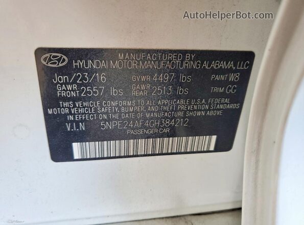 5NPE24AF4GH384212 2016 HYUNDAI SONATA White Vista del compartimento del motor