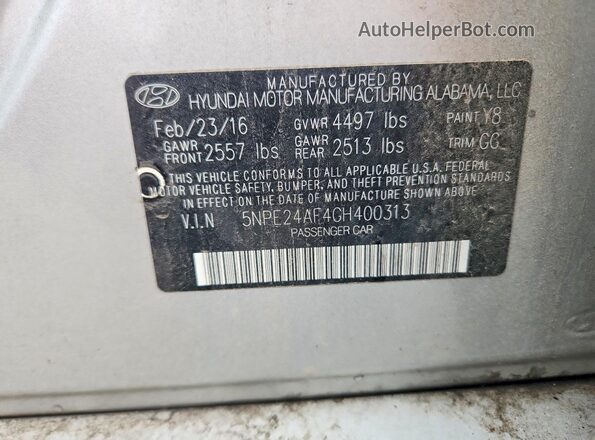 5NPE24AF4GH400313 2016 HYUNDAI SONATA Silver 