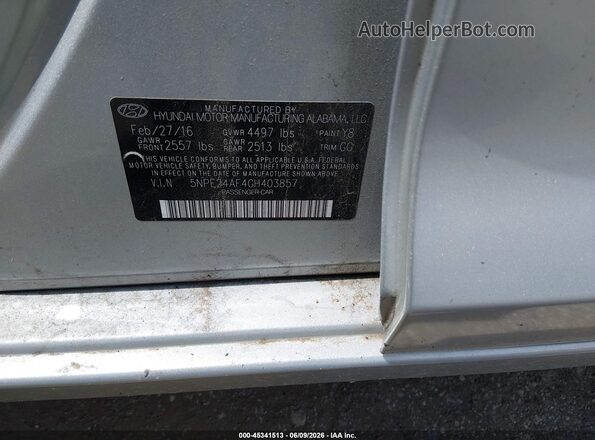 5NPE24AF4GH403857 2016 HYUNDAI SONATA Серебряный Вид подкапотного пространства