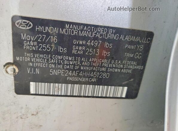 5NPE24AF4HH451280 2017 HYUNDAI SONATA Серебряный 