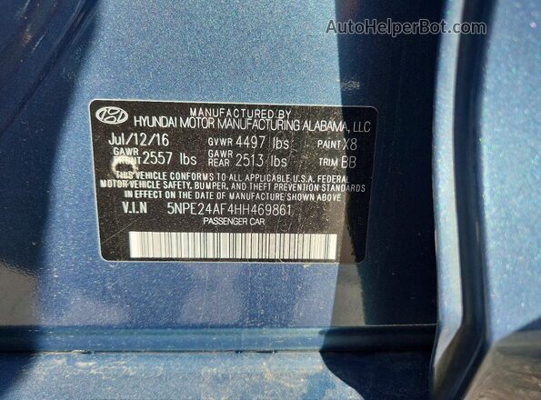 5NPE24AF4HH469861 2017 HYUNDAI SONATA Blue Շարժիչի բաժամունքի տեսք
