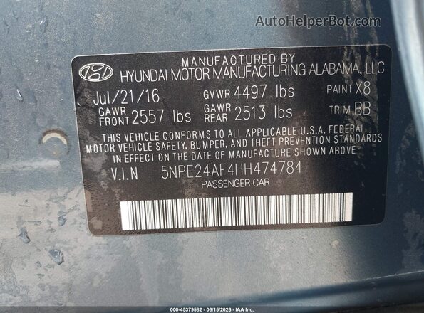 5NPE24AF4HH474784 2017 HYUNDAI SONATA Blue ძრავის განყოფილების ხედი