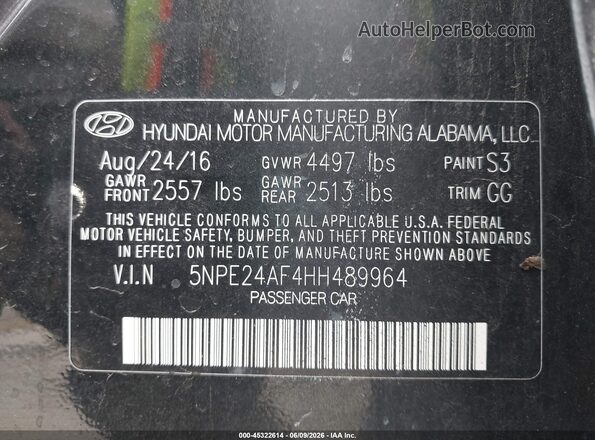 5NPE24AF4HH489964 2017 HYUNDAI SONATA Black Widok komory silnika
