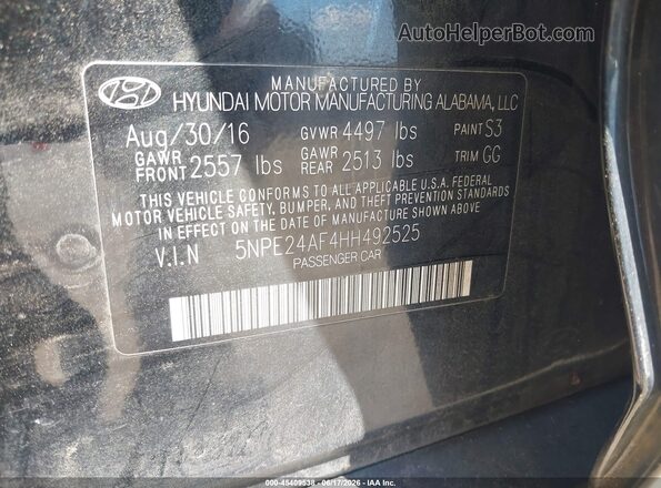 5NPE24AF4HH492525 2017 HYUNDAI SONATA Black Շարժիչի բաժամունքի տեսք