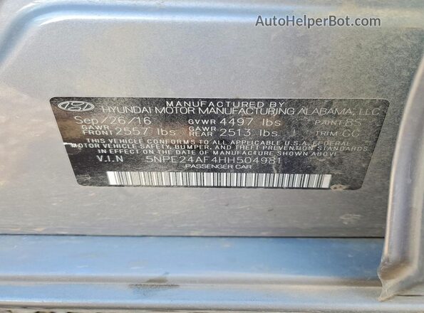 5NPE24AF4HH504981 2017 HYUNDAI SONATA Gray ძრავის განყოფილების ხედი