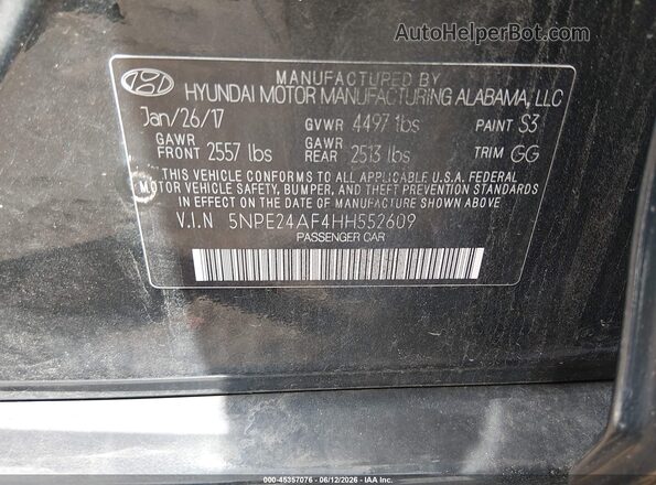 5NPE24AF4HH552609 2017 HYUNDAI SONATA Black Engine compartment view