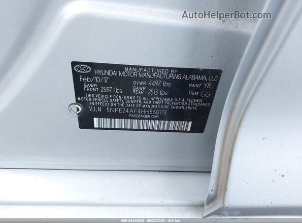 5NPE24AF4HH560113 2017 HYUNDAI SONATA Silver Engine compartment view