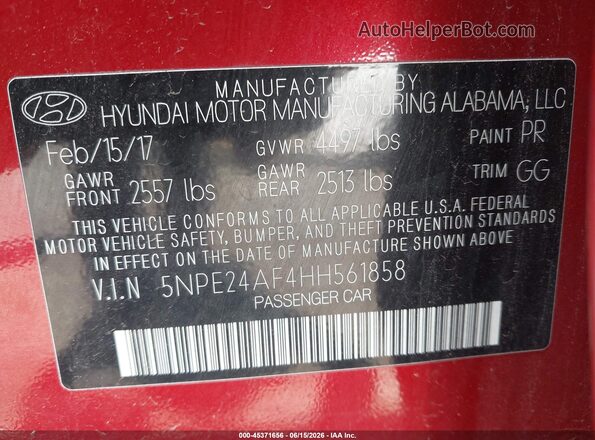 5NPE24AF4HH561858 2017 HYUNDAI SONATA Red Engine compartment view