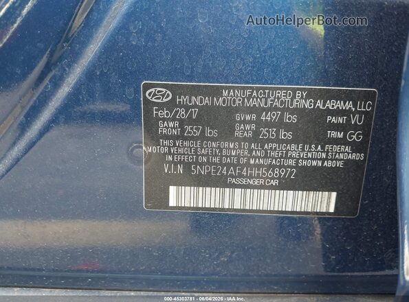 5NPE24AF4HH568972 2017 HYUNDAI SONATA Синий Вид подкапотного пространства