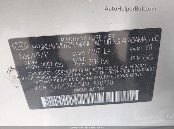 5NPE24AF4HH570320 2017 HYUNDAI SONATA Silver Vista del compartimento del motor