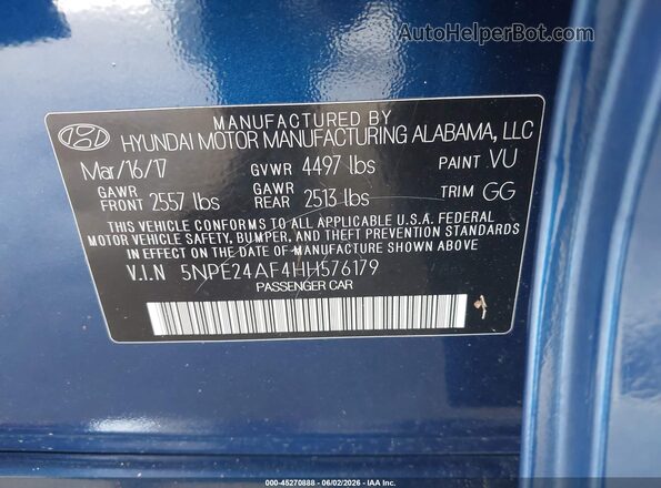 5NPE24AF4HH576179 2017 HYUNDAI SONATA Blue Շարժիչի բաժամունքի տեսք