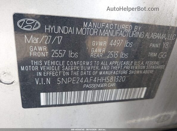 5NPE24AF4HH581320 2017 HYUNDAI SONATA Silver 