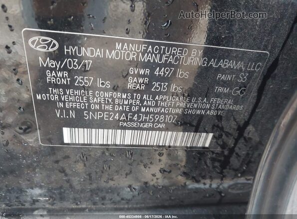 5NPE24AF4JH598107 2018 HYUNDAI SONATA Black Widok komory silnika