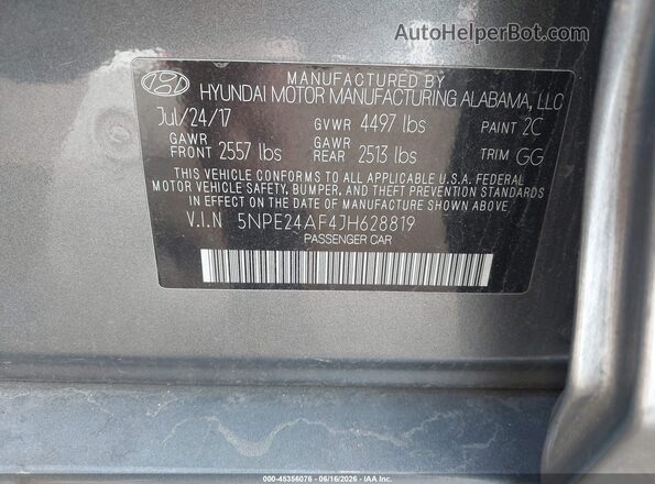 5NPE24AF4JH628819 2018 HYUNDAI SONATA Gray Widok komory silnika