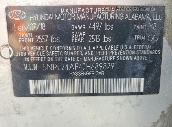 5NPE24AF4JH689829 2018 HYUNDAI SONATA Silver 
