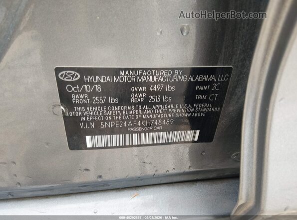 5NPE24AF4KH748489 2019 HYUNDAI SONATA Gray Շարժիչի բաժամունքի տեսք