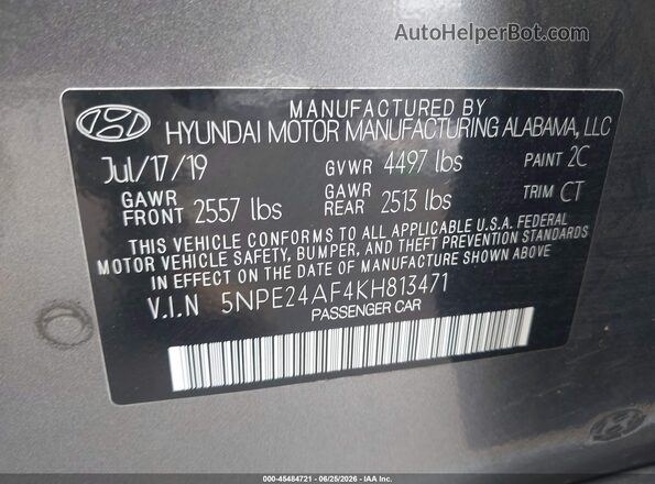 5NPE24AF4KH813471 2019 HYUNDAI SONATA Gray ძრავის განყოფილების ხედი