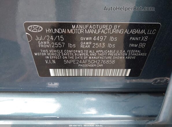 5NPE24AF5GH276858 2016 HYUNDAI SONATA Blue Engine compartment view