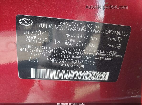 5NPE24AF5GH280408 2016 HYUNDAI SONATA Red Vista del compartimento del motor