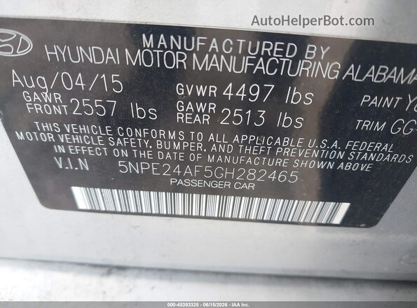 5NPE24AF5GH282465 2016 HYUNDAI SONATA Silver 