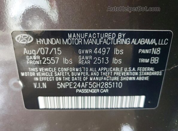 5NPE24AF5GH285110 2016 HYUNDAI SONATA Gray 
