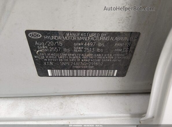 5NPE24AF5GH291652 2016 HYUNDAI SONATA Silver Շարժիչի բաժամունքի տեսք