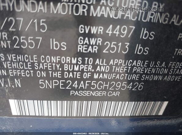 5NPE24AF5GH295426 2016 HYUNDAI SONATA Blue Շարժիչի բաժամունքի տեսք