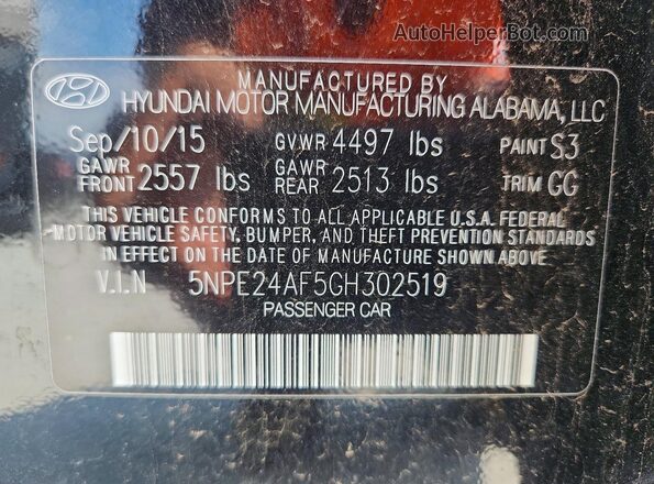 5NPE24AF5GH302519 2016 HYUNDAI SONATA Black Вид наклейки з VIN-кодом