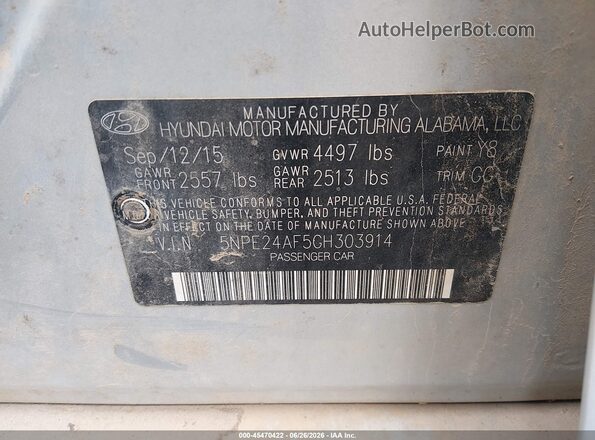5NPE24AF5GH303914 2016 HYUNDAI SONATA Серебряный Вид подкапотного пространства